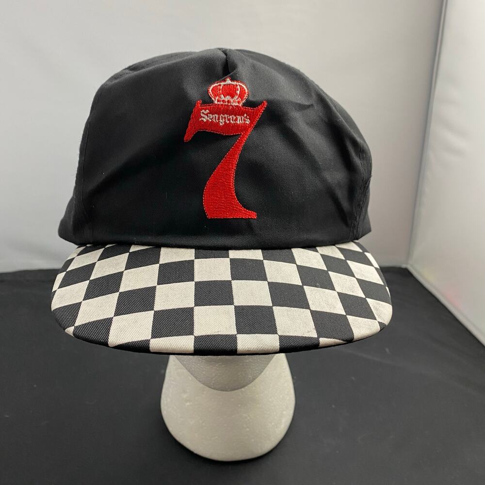 Vintage Seagram's 7 Checkered Brim Snapback Hat Black White Crown Logo